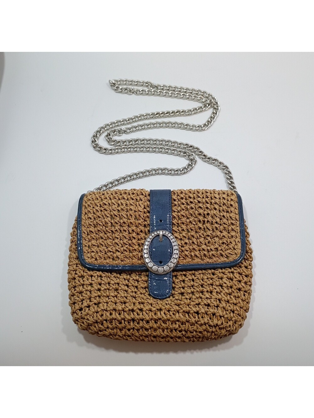 Brighton Woven Straw Crossbody Bag Small Navy Blue Patent Leather Trim READ